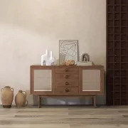 صورة بوفيه خشب طبيعي مع راتان - كلاسي