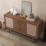 صورة بوفيه خشب طبيعي مع راتان - كلاسي