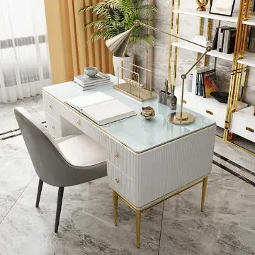 Show details for Bline – Natural Wood Office Desk with 5 Drawers & Metal Base Picture of Bline – Natural Wood Office Desk with 5 Drawers & Metal Base