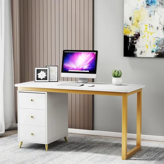 Picture of Glamy – Natural Wood Desk with Gold Metal Legs & Drawers