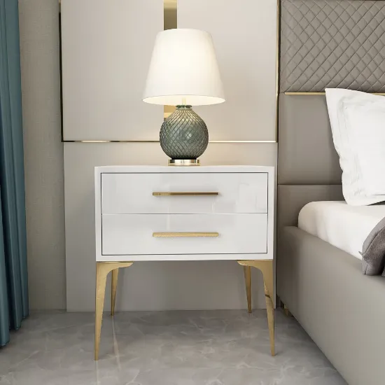 Hype Nightstand – Glossy Modern Design with Two Drawers and Gold Legs