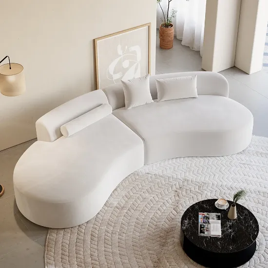 Picture of Modern White Curved Velvet Sectional Sofa 2 Piece 4-Seater Chaise with 3 Pillows