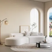Picture of Modern White Curved Velvet Sectional Sofa 2 Piece 4-Seater Chaise with 3 Pillows
