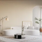Picture of Modern White Curved Velvet Sectional Sofa 2 Piece 4-Seater Chaise with 3 Pillows