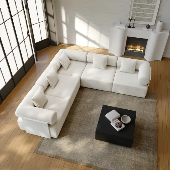 Picture of Modular White Velvet L-Shape Sectional Sofa