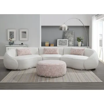 تفاصيل Modern Curved Upholstered Round Arms Sectional Sofa with 3 Pillows,Beige صورة Modern Curved Upholstered Round Arms Sectional Sofa with 3 Pillows,Beige