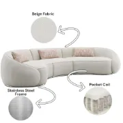 Picture of Modern Curved Upholstered Round Arms Sectional Sofa with 3 Pillows，Beige