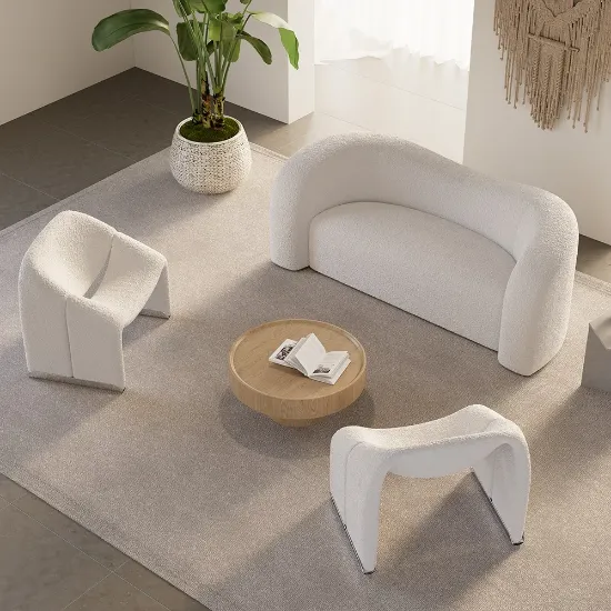 صورة Modern 67 White Boucle Upholstered Curved 2 Seater Sofa for Living Room
