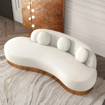 Show details for Dermo Modern White & Gold Velvet Curved Sofa for 3 Seaters with Pillows Picture of Dermo Modern White & Gold Velvet Curved Sofa for 3 Seaters with Pillows