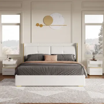 Show details for Serenzo Modern Upholstered Bed - Natural wood Picture of Serenzo Modern Upholstered Bed - Natural wood