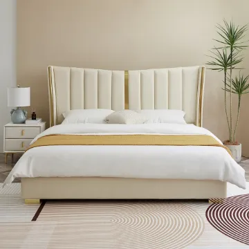Show details for Luxe Haven Upholstered Bed – Elegant Ivory & Gold Picture of Luxe Haven Upholstered Bed – Elegant Ivory & Gold