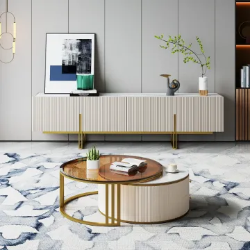 Show details for Celesta Natural Wood Round Coffee Table & TV table Set Picture of Celesta Natural Wood Round Coffee Table & TV table Set