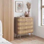 Alina – Curved Edge Rattan Wood 5-Drawer Chest