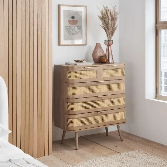 Alina – Curved Edge Rattan Wood 5-Drawer Chest