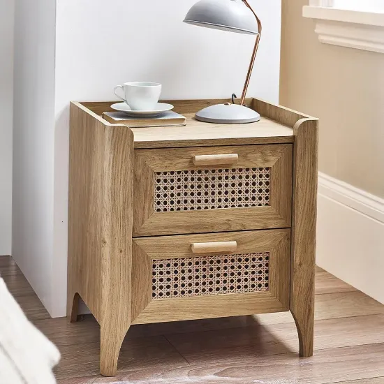 Alara – Natural Wood & Rattan 2-Drawer Bedside Table
