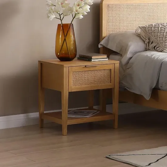 Lina Side Table – Natural Wood with Rattan Front