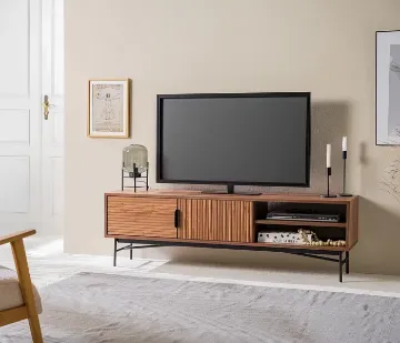 Show details for Ravelo – Walnut Ribbed TV Console with Open Shelves Picture of Ravelo – Walnut Ribbed TV Console with Open Shelves