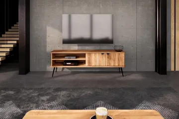 Show details for Elowen – Slatted Wood TV Stand with Black Tapered Legs Picture of Elowen – Slatted Wood TV Stand with Black Tapered Legs
