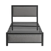 صورة سرير مونرو المصنوع من الخشب الطبيعي والمعدن مع لوح رأس منجد