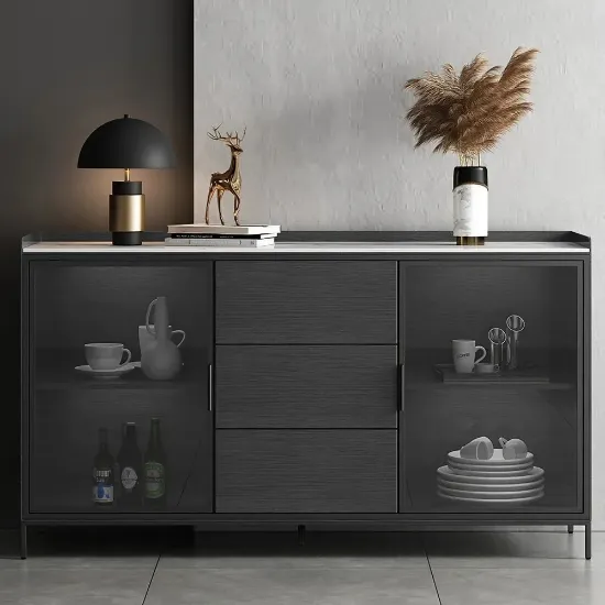 Picture of Caven Display Sideboard – Natural Wood with Glass Doors & Marble Top
