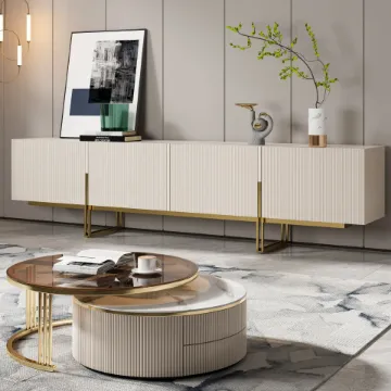 Show details for Valente Natural Wood TV Stand – Brass Base & Fluted Doors Picture of Valente Natural Wood TV Stand – Brass Base & Fluted Doors