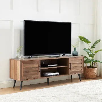 Show details for Larsa Natural Wood TV Unit – Slatted Doors & Metal Legs Picture of Larsa Natural Wood TV Unit – Slatted Doors & Metal Legs
