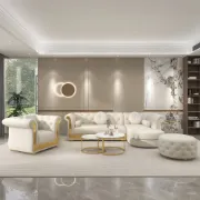 Valencia – Tufted Sectional Sofa made of Natural Wood with Gold Stainless-Steel Touch, featuring Armchair & Chaise Lounge