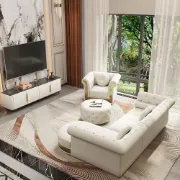 Valencia – Tufted Sectional Sofa made of Natural Wood with Gold Stainless-Steel Touch, featuring Armchair & Chaise Lounge