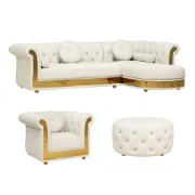 Valencia – Tufted Sectional Sofa made of Natural Wood with Gold Stainless-Steel Touch, featuring Armchair & Chaise Lounge