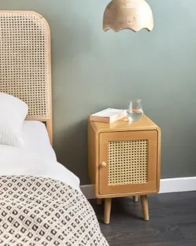 Show details for Renea Natural Wood Bedside Table – Single Door with Woven Front Picture of Renea Natural Wood Bedside Table – Single Door with Woven Front