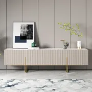 Élory - Natural Wood TV Stand with Stainless Steel Legs & Marble-Look Top