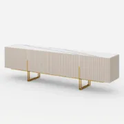 Élory - Natural Wood TV Stand with Stainless Steel Legs & Marble-Look Top