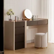 Vanity Set – Ébonie – Natural Wood with Smoked Glass Top, Organizer Drawers & Elegant Stool with Gold Base