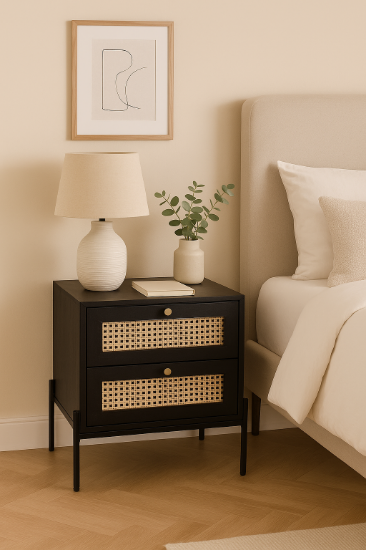 Kavira – Natural wood & Rattan 2-Drawer Bedside Table