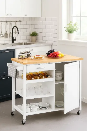 Yonn Rolling Kitchen Island with Solid Wood Top