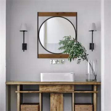 Gnana Round Wall Mirror with Rectangle Wood Frame Gnana Round Wall Mirror with Rectangle Wood Frame
