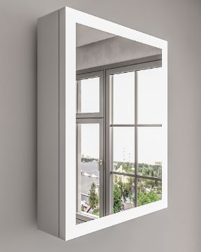 صورة بيريا – مرآة حمام مضيئة بالـ ليد متعددة الوظائف مع وحدة تخزين من الخشب الطبيعي