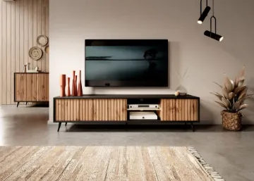 Show details for Nedra Black Natural Wood TV unit  with LED Shelves Picture of Nedra Black Natural Wood TV unit  with LED Shelves