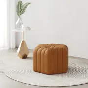 Maven – Upholstered ottoman with a simple and elegant design and a natural wood frame.