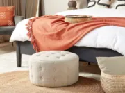 Mello – Round Tufted Ottoman Natural Wood Frame