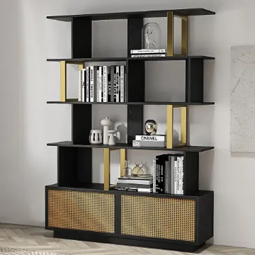Mavrin Display Shelf – Black Wood with Gold & Rattan Accents