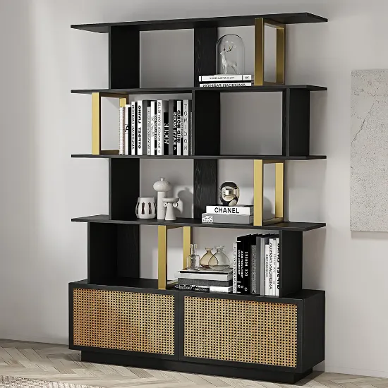 Mavrin Display Shelf – Black Wood with Gold & Rattan Accents