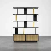 Mavrin Display Shelf – Black Wood with Gold & Rattan Accents