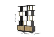 Mavrin Display Shelf – Black Wood with Gold & Rattan Accents