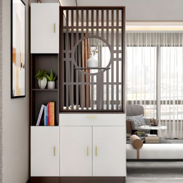 Élévé Display Divider Cabinet – Natural Wood with Decorative Panel.