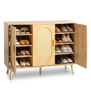 Rubena – Natural Wood Shoe Cabinet with Rattan Front (Three Doors)