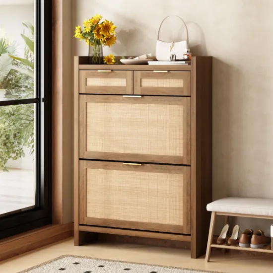Rivanne - Natural Wood Shoe Cabinet with Rattan Front