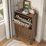 Solvay - Natural Wood Shoe Cabinet with Slatted Front