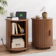 Luna – Round Side Table with Storage – Natural Wood