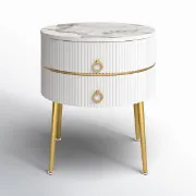 Midwest Round Side Table with Marble-Effect Top – Natural Wood